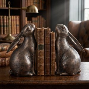Bronze Rabbit Bookends Set of 2 Decorative Book Ends Rustic Home Decor Book Holder Shelf Decor Living Room Minimal Design Book Support
